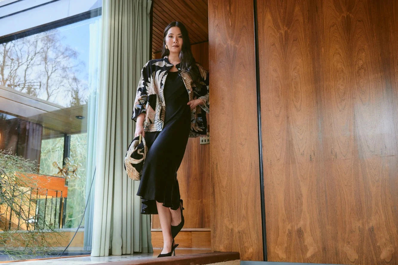 Velvet Jacket | Crane | Black Kimonos One Hundred Stars 