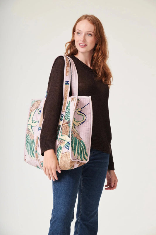 Velvet Tote Bag | Crane | Plaster Pink Handbags One Hundred Stars 