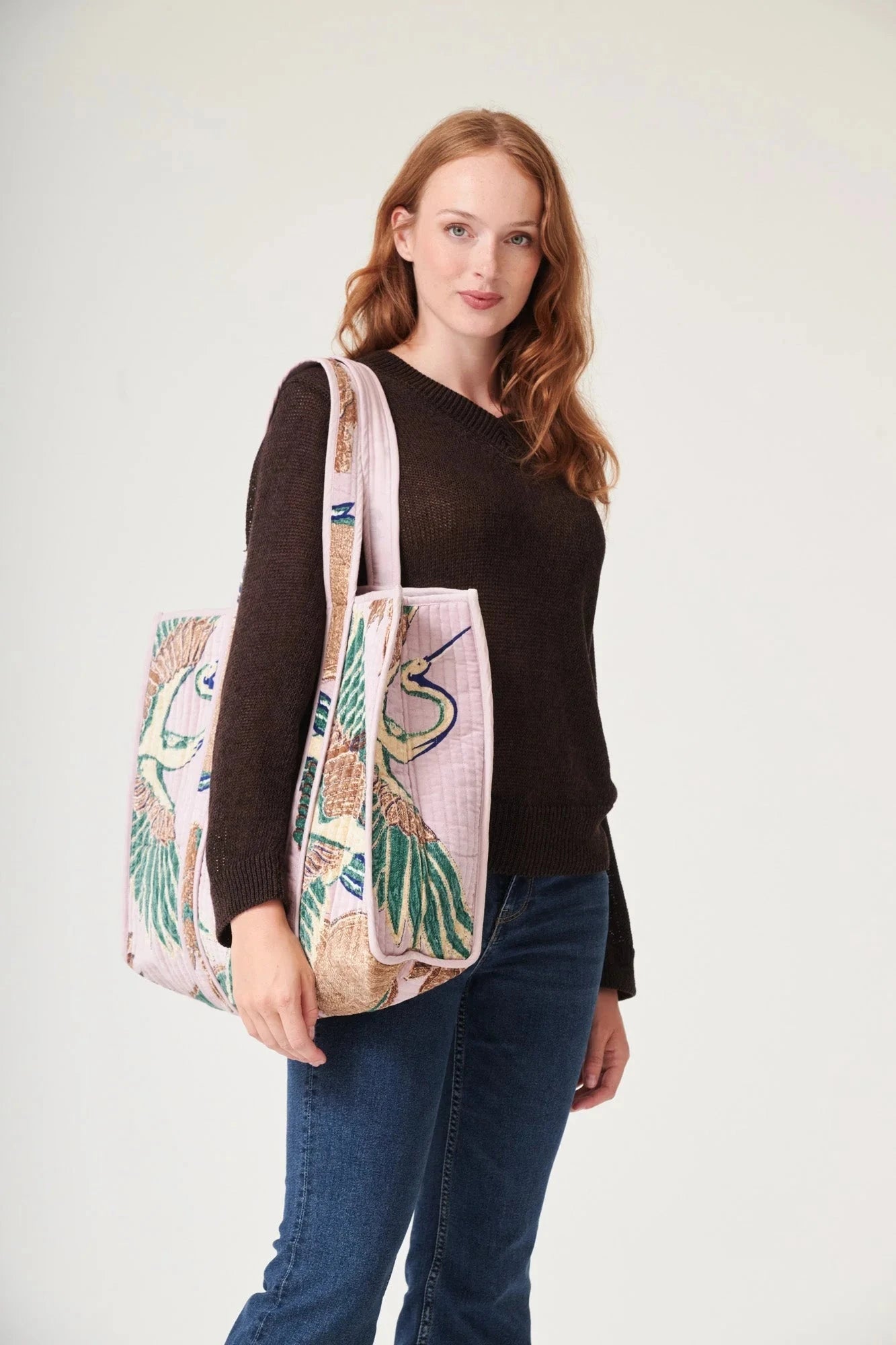 Velvet Tote Bag | Crane | Plaster Pink Handbags One Hundred Stars 