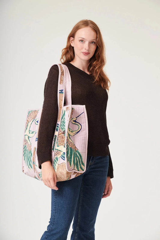 Velvet Tote Bag | Crane | Plaster Pink Handbags One Hundred Stars 