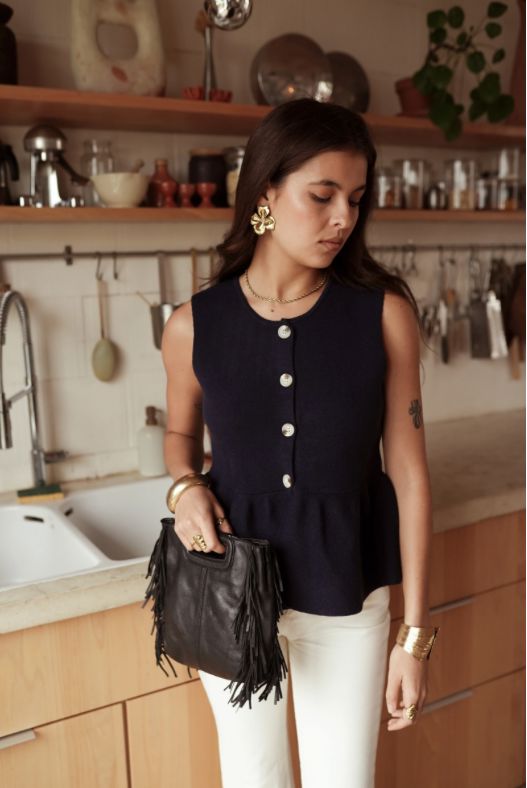 Vivienne Button Top | Navy Knitwear Parisienne Collection 