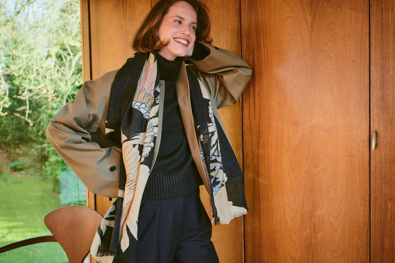 Wool Scarf | Crane | Black Scarves One Hundred Stars 