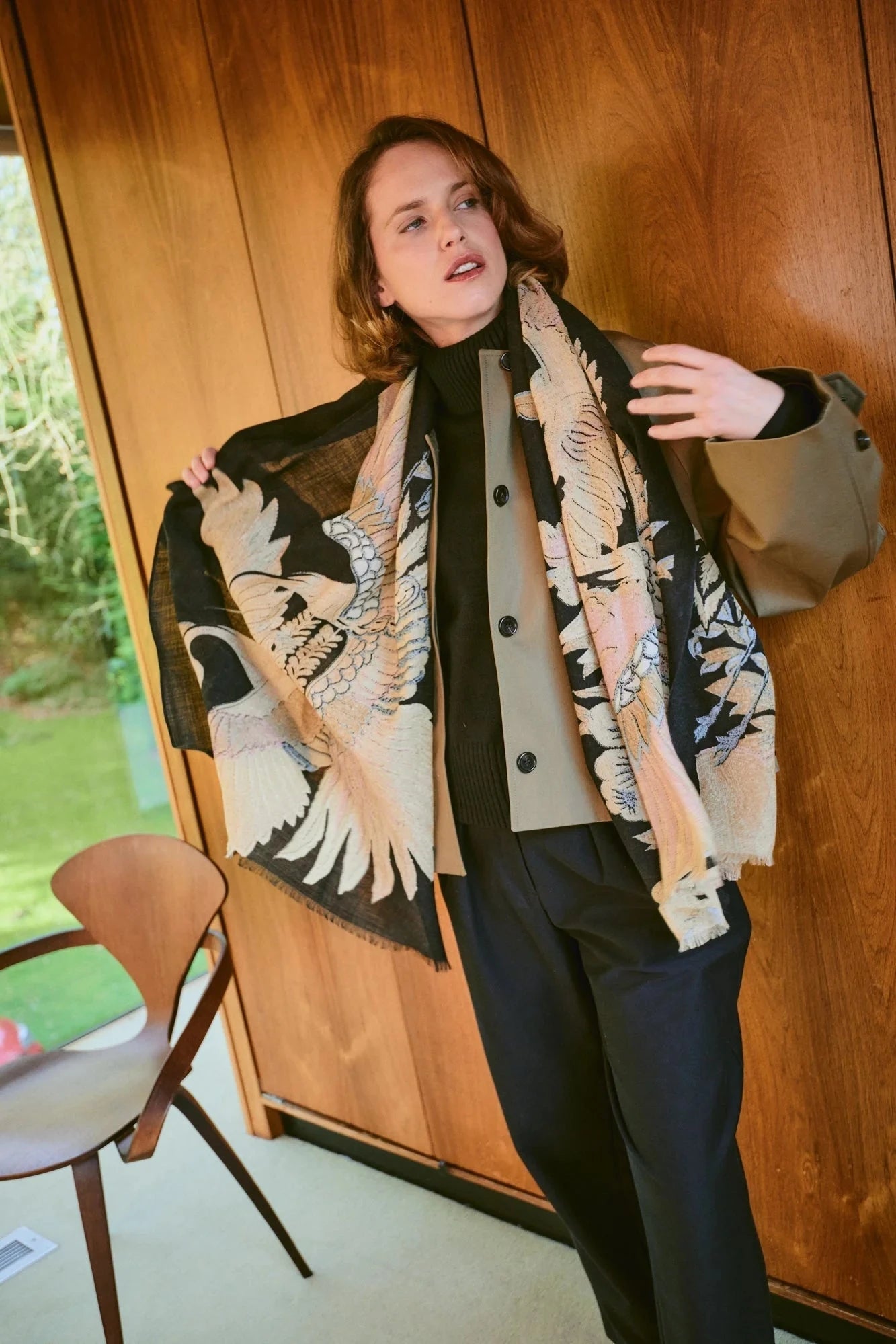 Wool Scarf | Crane | Black Scarves One Hundred Stars 