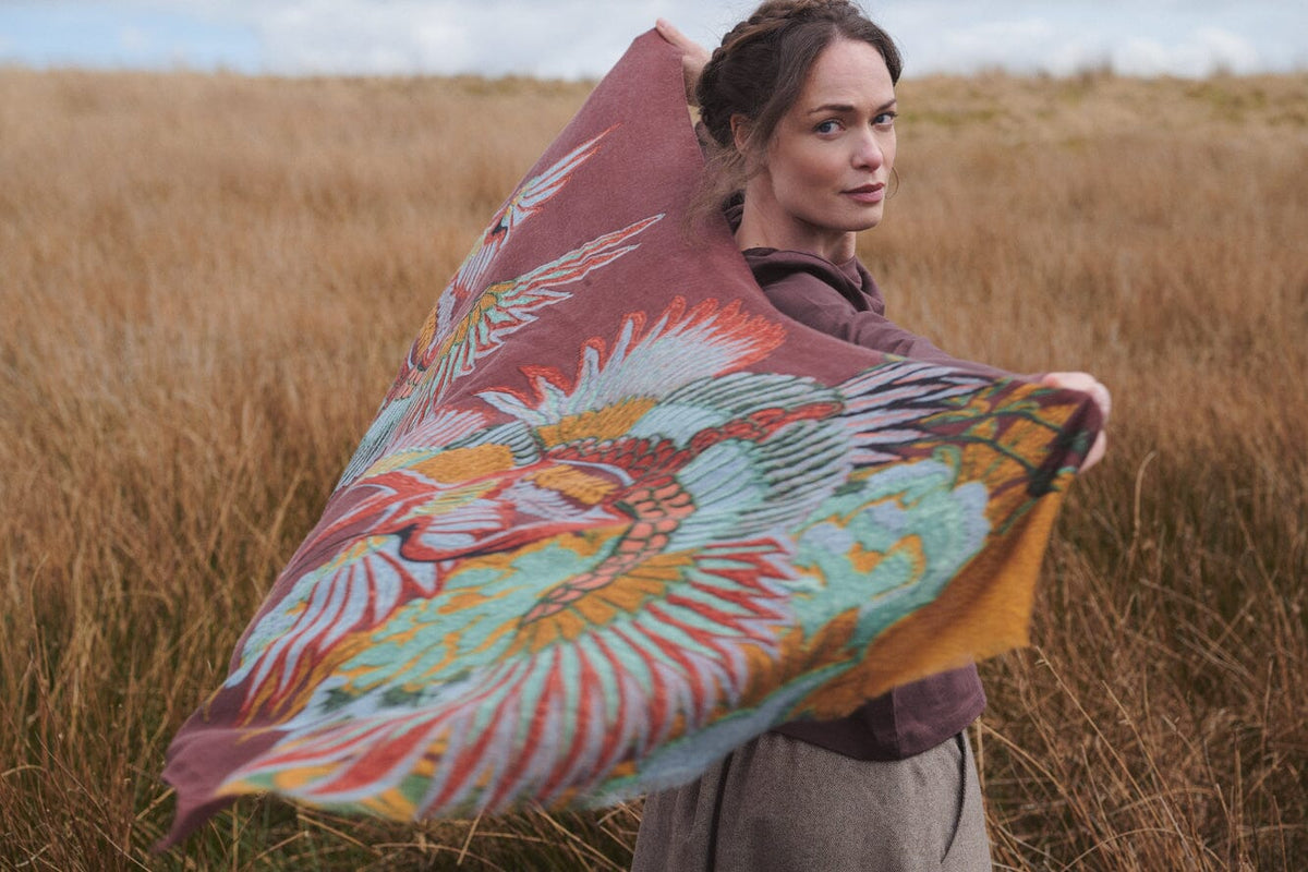 Wool Scarf | Crane | Brown Scarves One Hundred Stars 